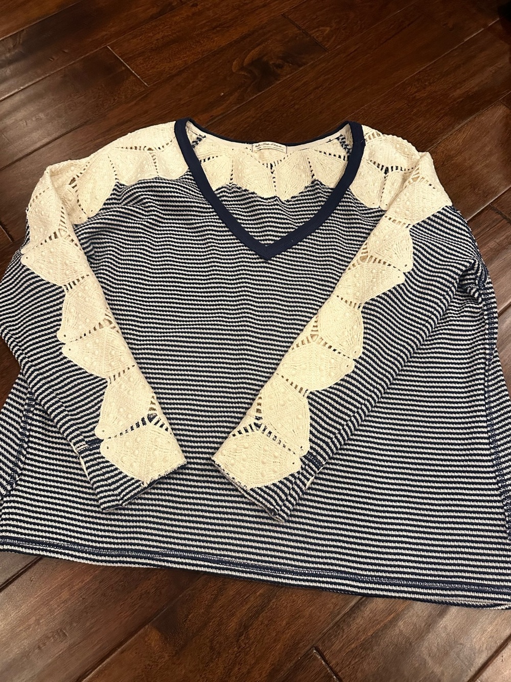 We The Free Navy Striped Sweater with Cream Crochet Trim
